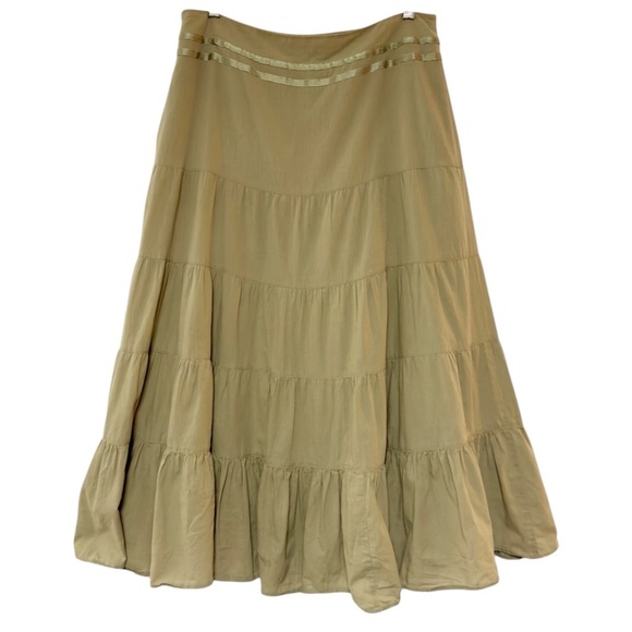 LARDINI Laura Lardini Embroider Olive Green Midi‎ Poplin Tiered Broomstick Skirt - Picture 2 of 9